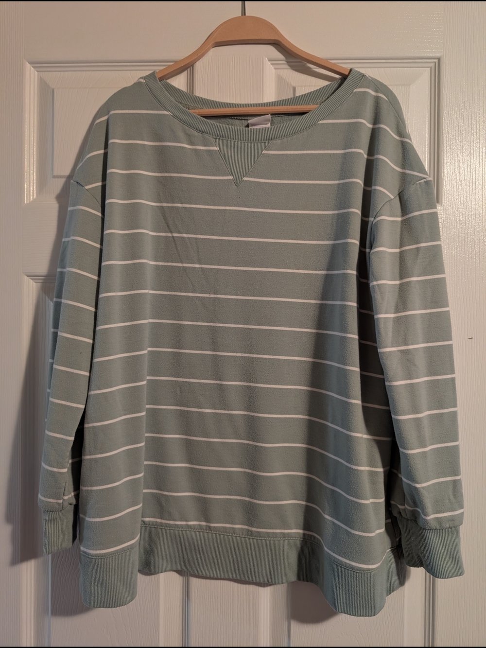 stars above Sage Green and White Striped Pullover Sweatshirt